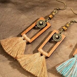 Boho Tribal Wooden Yarn Tassel Drop Earrings